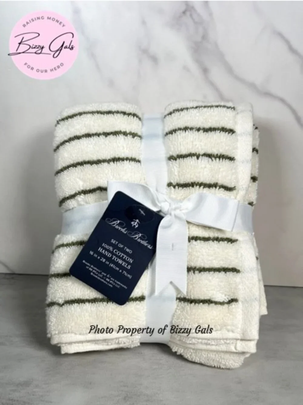 Brooks Brothers Green Striped Ivory Hand Towels Set of 2